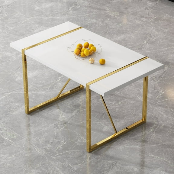 NYEESS 55 inch White Rectangular Dining Table, MDF Top with Gold Metal Frame, Modern Style for Kitchen and Dining Room