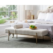 55" White End of Bed Bench, Modern Faux Fur Upholstered Ottoman Bench Seat with Gold Legs, Fuzzy Long Bench for Bedroom Living Room Foyer Indoor Entryway (White)
