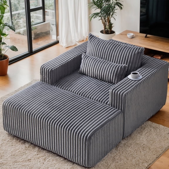 55'' Wide Corduroy Sofa Lounger with Moveable Ottoman
