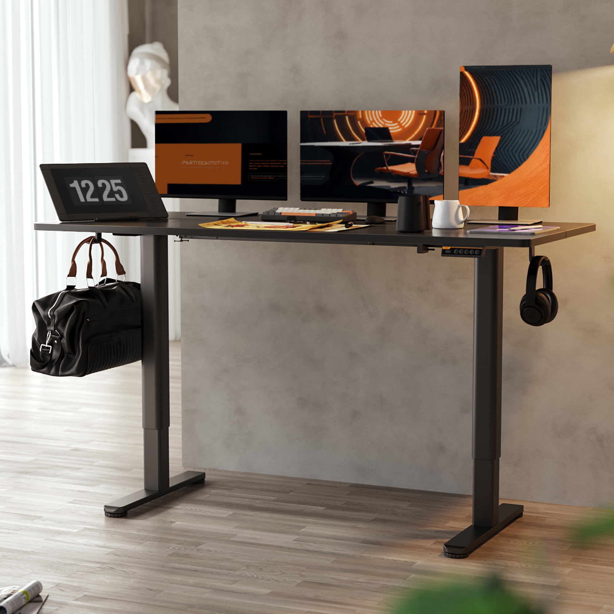 55" Black Electric Adjustable Height Standing Desk with Wood Top