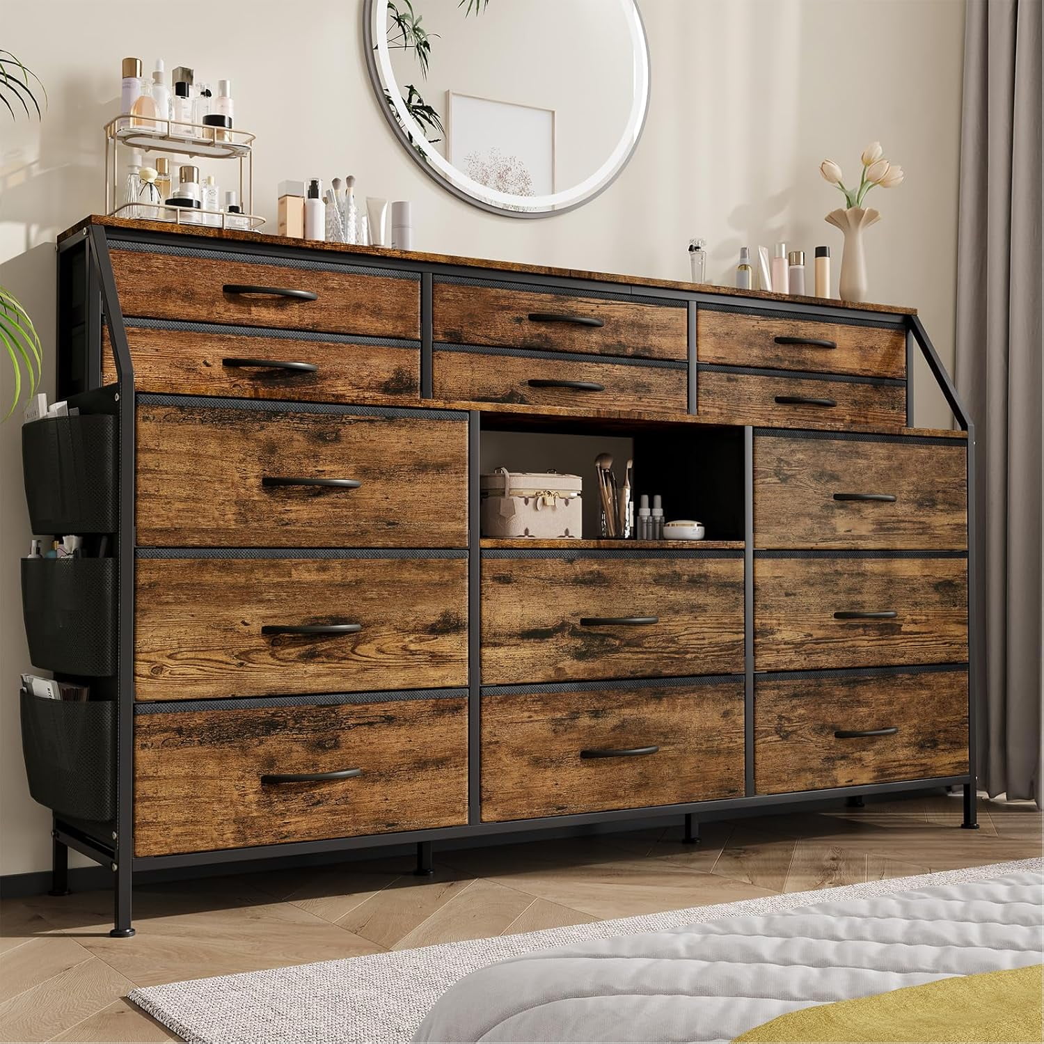 55" Wide Fabric Dresser with 14 Drawers & Shelves – Heavy-Duty Metal