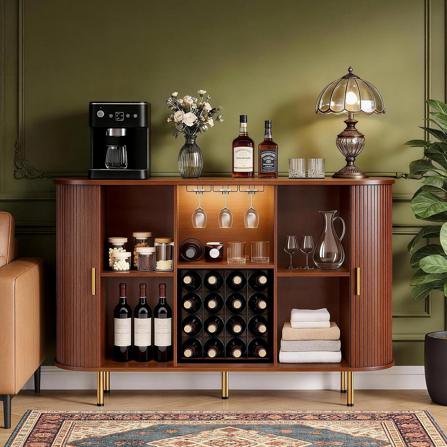 55" Wine Bar Cabinet with Storage, Fluted Liquor & Coffee Bar Cabinet with Wine Rack and Glass Holder, Buffet Sideboard with LED Lights for Home Kitchen Living Dining Room (Walnut)