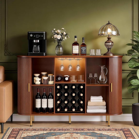 55" Wine Bar Cabinet with Storage, Fluted Liquor & Coffee Bar Cabinet with Wine Rack and Glass Holder, Buffet Sideboard with LED Lights for Home Kitchen Living Dining Room (Walnut)