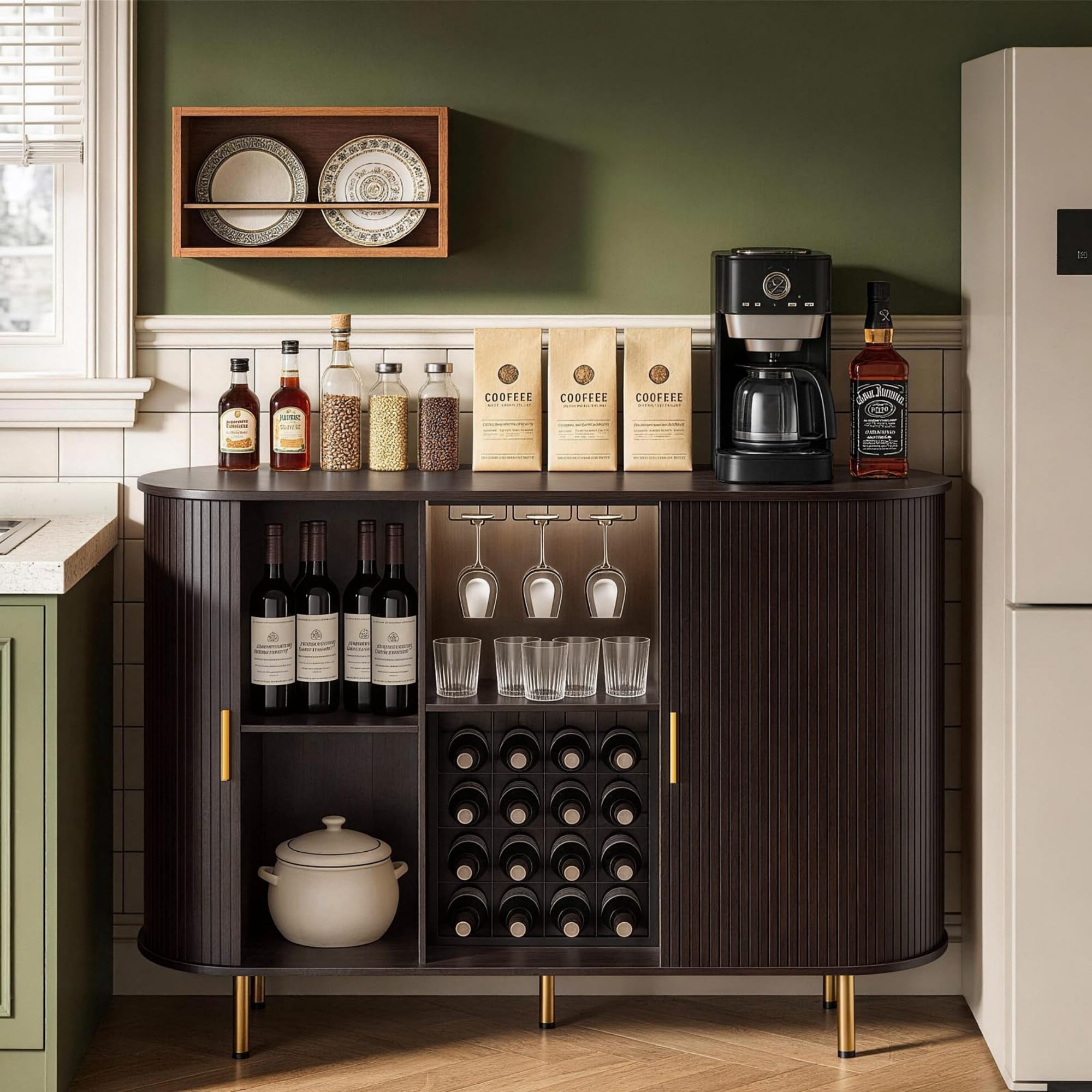 55" Wine Bar Cabinet with Storage, Fluted Coffee Bar Cabinet with Wine Rack & Glass Holder, LED Buffet Sideboard, Walnut