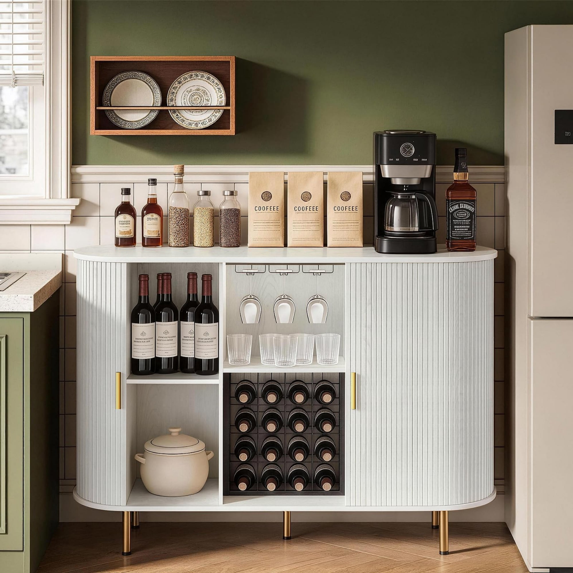 55" Wine Bar Cabinet with Storage, Fluted Coffee Bar Cabinet with Wine Rack & Glass Holder, LED Buffet Sideboard, White