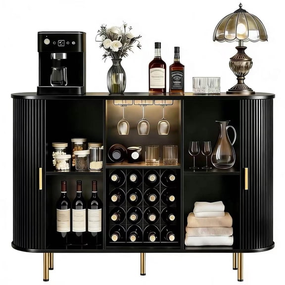 Aisword 55" Wine Bar Cabinet with Storage, Fluted Liquor Coffee Bar Cabinet with LED Lights, Buffet Sideboard, Black