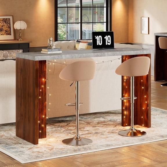 55" Wood Counter Height Bar Table, Rectangular Pub Table with Faux Marble Tabletop, Console Table for Kitchen Living Room Home Bar
