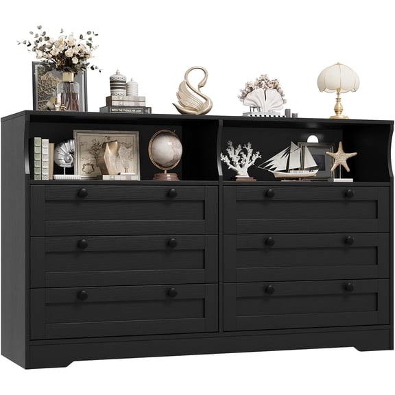 55" Wood TV Stand with 6 Drawers, Media Console Table with Storage Cabinets and LED Light, Tall TV Stand for Bedroom and Living Room, Black