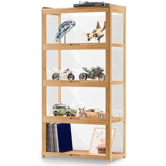 55" Wooden Bookcase Display Cabinet with Acrylic Doors, 4-Tier Freestanding Bookshelf & Curio Display Shelf for Collectibles, Living Room Bedroom Home Office - Natural$$Home Decor, Kitchen, & Other