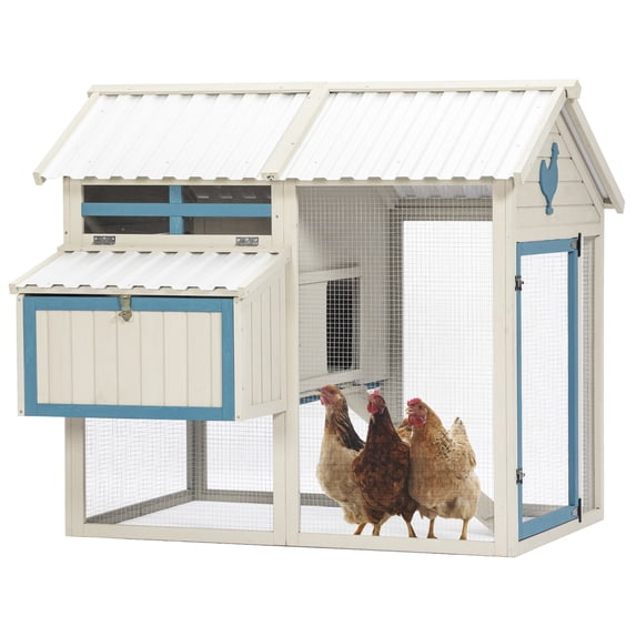 55" Wooden Chicken Coop, Chicken Cage with Waterproof PVC Roof, Nesting Box, A PVC Roof and Openable Lid, Large Hen House with Removable Bottom for 6-8 Chickens, Whte