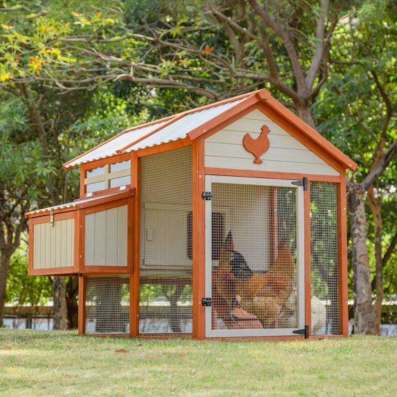 55" Wooden Chicken Coop, Chicken Cage with Waterproof PVC Roof, Nesting Box, A PVC Roof and Openable Lid, Large Hen House with Removable Bottom for 6-8 Chickens, Beige