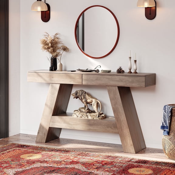 55" Wooden Entry Table with Storage - Thin Behind Couch Console Table, Sturdy A-Frame Design - Perfect for Hallway, Living Room & Small Spaces