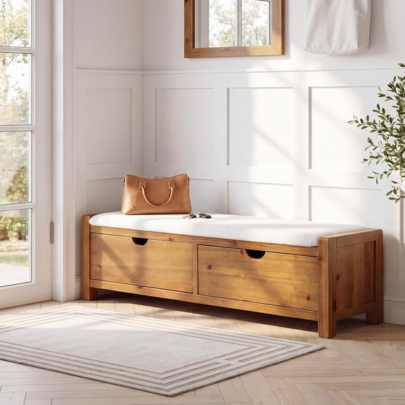 55" Wooden Entryway Bench with 2 Storage Drawers, Upholstered Storage Bench