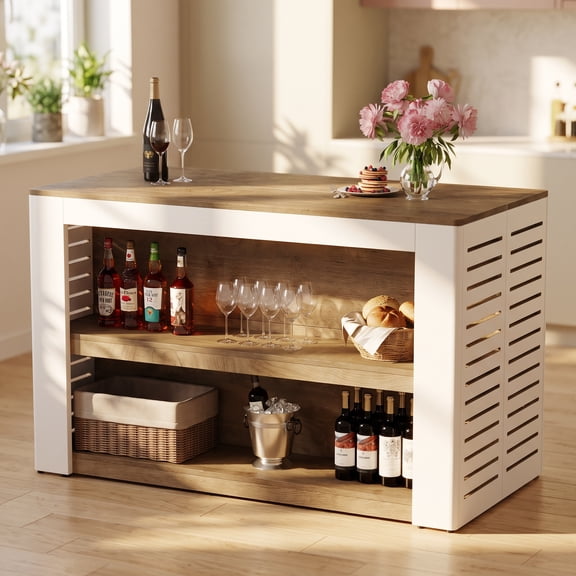 55" Wooden Kitchen Island with 2-Tier Shelves, Breakfast Bar Farmhouse Prep Table for Cooking and Dining