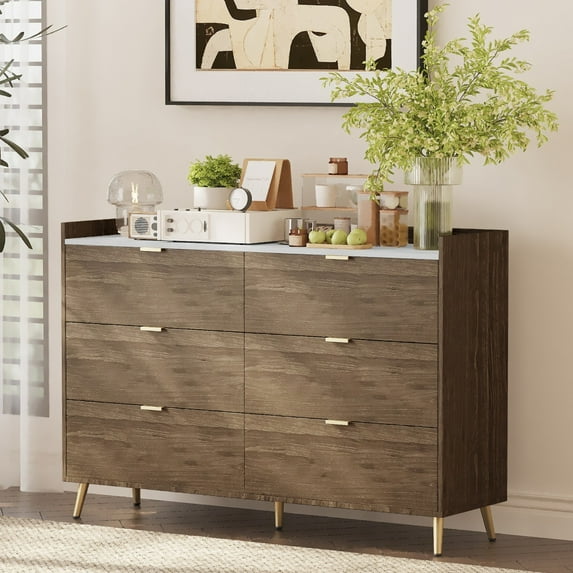 55"Wooden Vanity Dresser with 6 Drawers and Marbling Worktop, Modern Bedside Table with Metal Legs & Handles, Storage Cabinet for Bedroom, Living Room, Easy to Clean and Assemble, Walnut