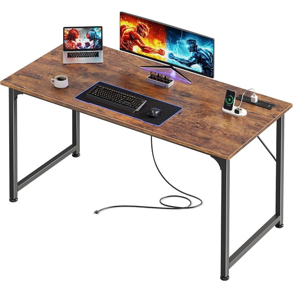 55 X 20 Inch Office Computer Desk with Power Outlets and USB-C Port, Larger and Longer Gaming Desk, for Home Office, Study, Bedroom, Writing Work from Home Table, Metal Frame, Rustic Brown