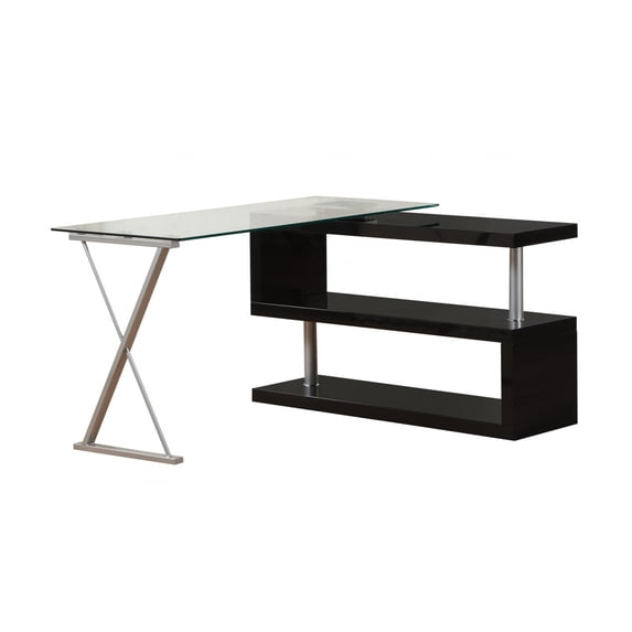 55" X 47" X 30" Black High Gloss & Clear Glass Office Desk