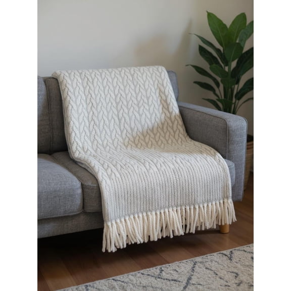 55" X 70" Gray Cotton Blend Woven Plush Throw Blanket with Fringe