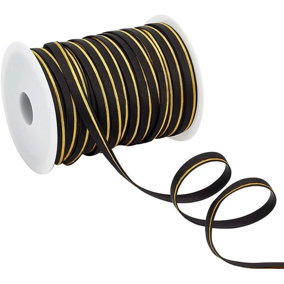55 Yard Piping Trim Black& Gold Two-Tone Polyester Satin Flat Cord Ribbon for Sewing Flat Cord Tape