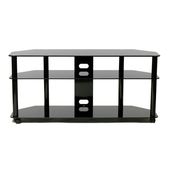 55" gloss black tempered glass TV stand with high gloss black finish metal poles