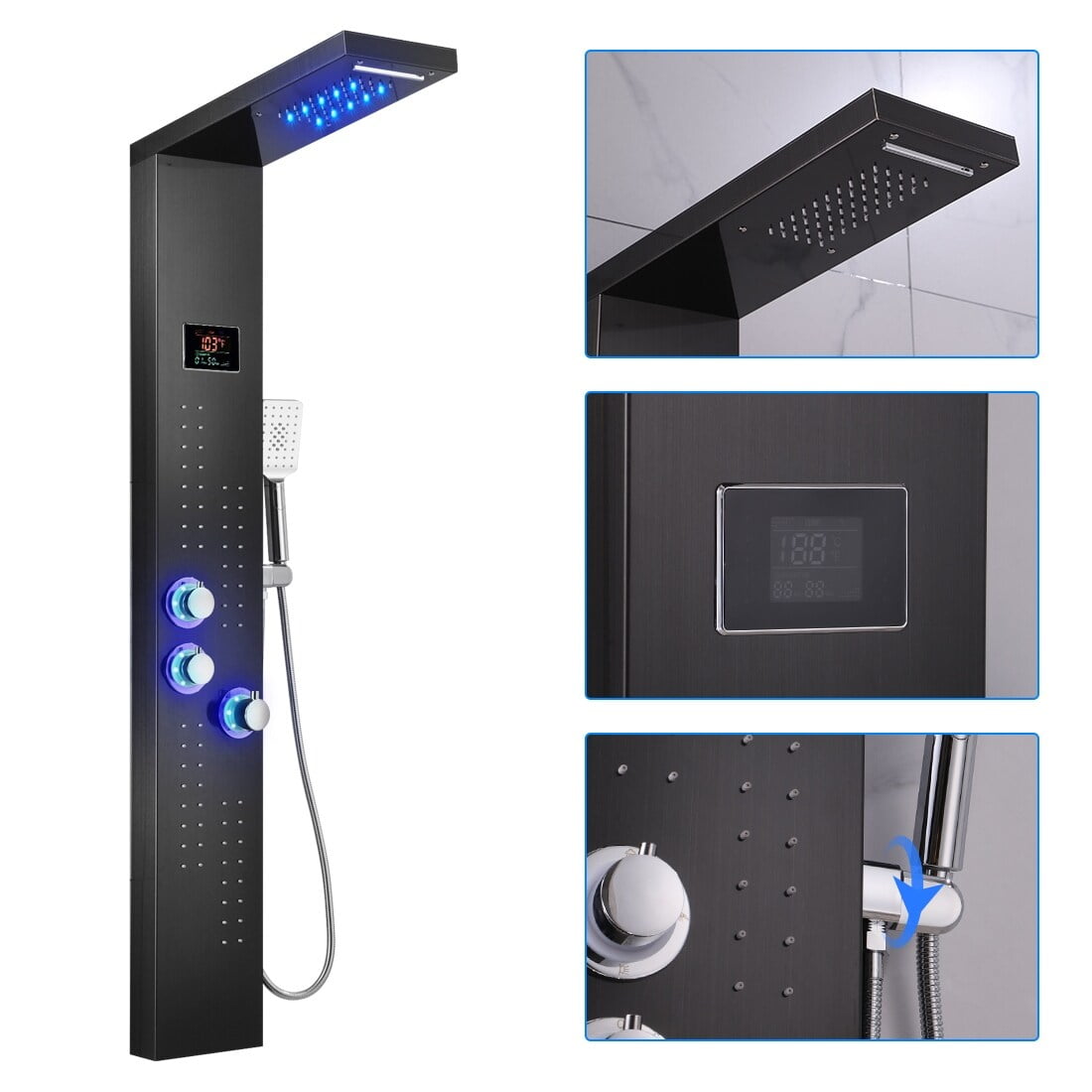 55-Inch Brushed Black LED Stainless Steel Shower Panel System
