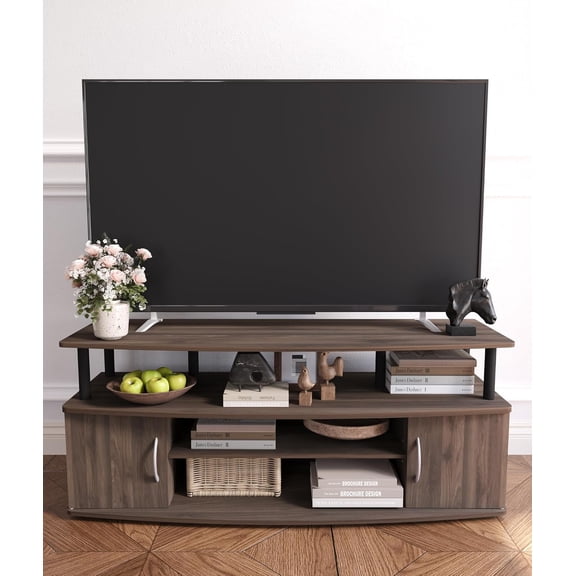 55 in TV Stand, TV Media Console with 2 Doors Wood Entertainment Center with Open Shelves & Cabinets for Living Room Bedroom