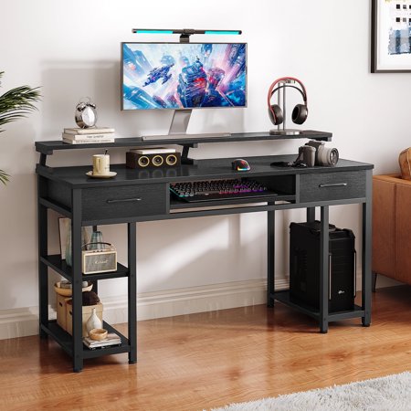 55 inch Computer Desk with Keyboard Tray, Gaming Writing Desk with Drawers/Monitor Stand Shelf/Removable Storage Shelves/CPU Stand for Home Office, Black