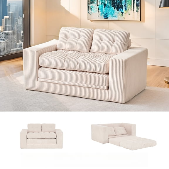 55 inch Corduroy Loveseat Sofa Bed with Memory Foam & Steel Frame - No Assembly 2-in-1Convertible Couch for Small Spaces & Home Office,Beige