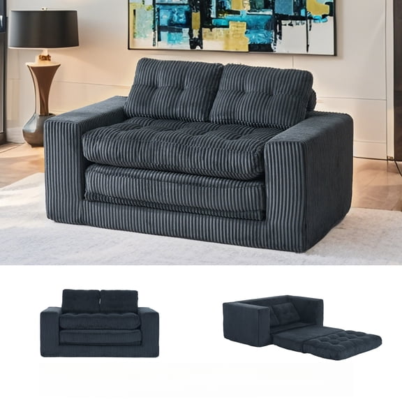 55 inch Corduroy Loveseat Sofa Bed with Memory Foam & Steel Frame - No Assembly 2-in-1Convertible Couch for Small Spaces & Home Office,Black