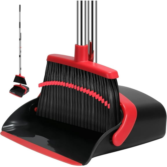 55-inch Extra-Long Adjustable Broom & Dustpan Combo – Auto-Clean Teeth for Floors – Kitchen/Hall (Black & Red)