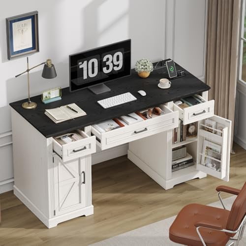 55 inch Farmhouse Executive Desk with Drawers, Home Office Desk with File Cabinet, Outlets, Storage Cabinet, Keyboard Tray, Wood Computer Desk for Work Study Writing, Off White & Black