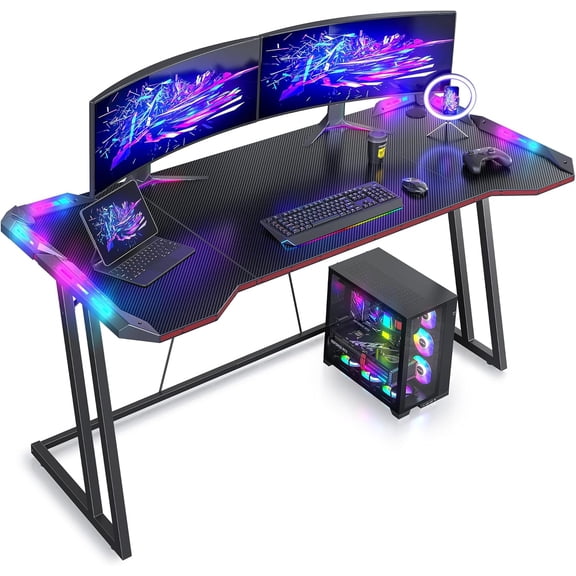 55 inch Gaming Desk with LED Lights for Home Office, Black