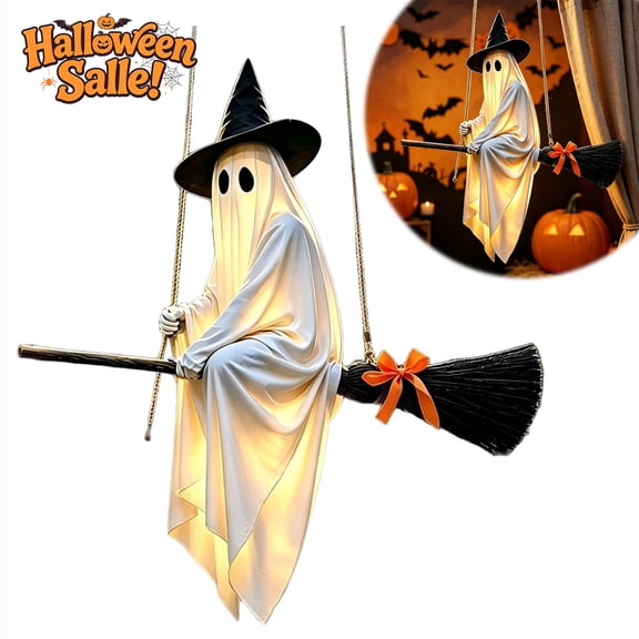 55 inch Halloween Decorations Outdoor, Lighted Hanging Ghost Ornament On Broomstick with Built-in Warm Lights, Hanging Flying Ghost Halloween Party Decor for Lawn Patio Porch Backyard Front Yard