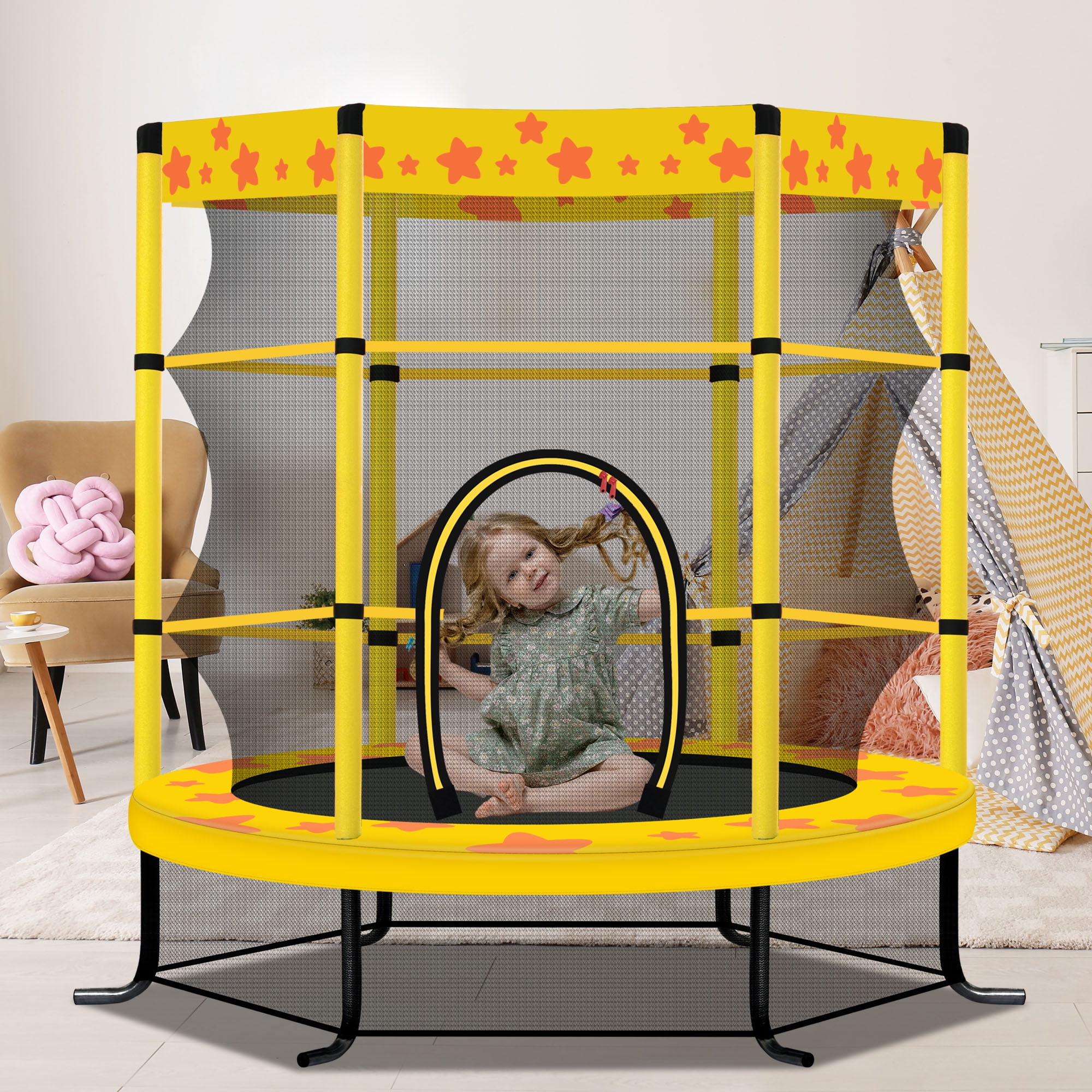 55 inch Kids Trampoline with Safety Enclosure, Padded Frame & Star