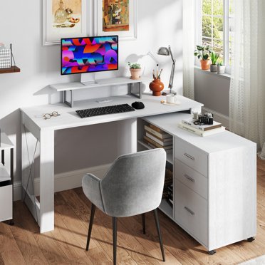 UDPATIO 55 inch L-Shaped Corner Desk with Drawers and Shelves, Reversible White Office Desk with Storage Cabinet, Modern Writing Table for Home Office and Bedroom