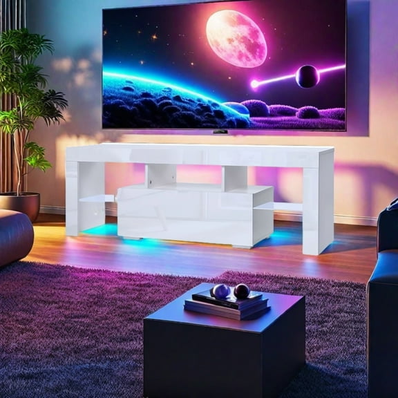 55-inch LED TV Stand with Remote Control Lights, Modern Entertainment Center with Down Flip Door & Glass Shelf, High Gloss UV Finish, White