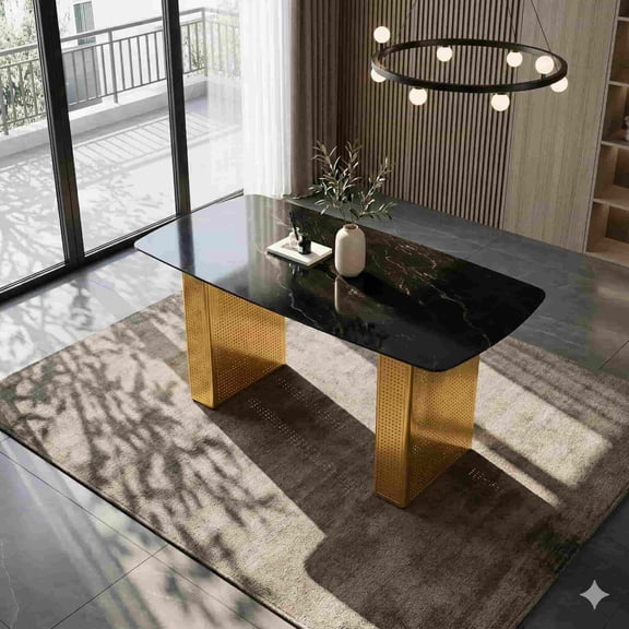55-inch Modern-Style Rectangular Tempered Glass Dining Table, Fashionable Marble-Patterned Design with Gold Dual-Pedestal Metal Legs for Dining Room & Home Office (Table Only)