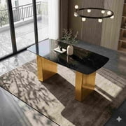 55-inch Modern-Style Rectangular Tempered Glass Dining Table, Fashionable Marble-Patterned Design with Gold Dual-Pedestal Metal Legs for Dining Room & Home Office Table Only