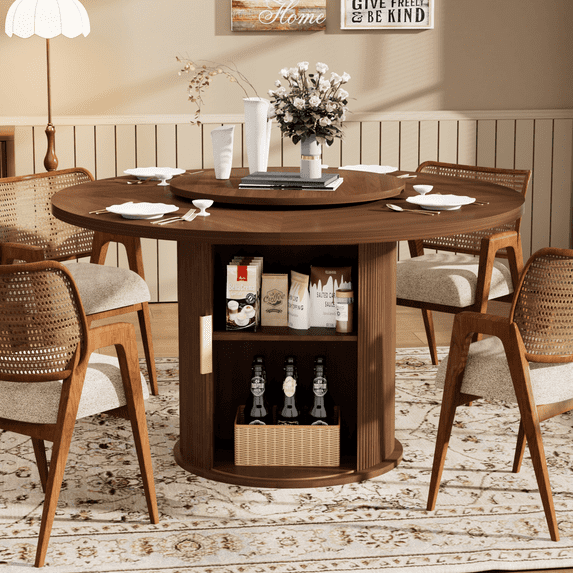 55-inch Round Dining Table for 4 People with Rotating Tray, Double-Tier Storage & Wavy-Striped Sliding Doors, Multi-Functional Design for Dining and Living Rooms, Walnut
