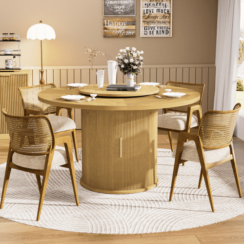 55-inch Round Dining Table for 6 with Rotating Tray & Double Storage - Modern Farmhouse Style Wooden Wave Door Kitchen Living Room Furniture, Natural