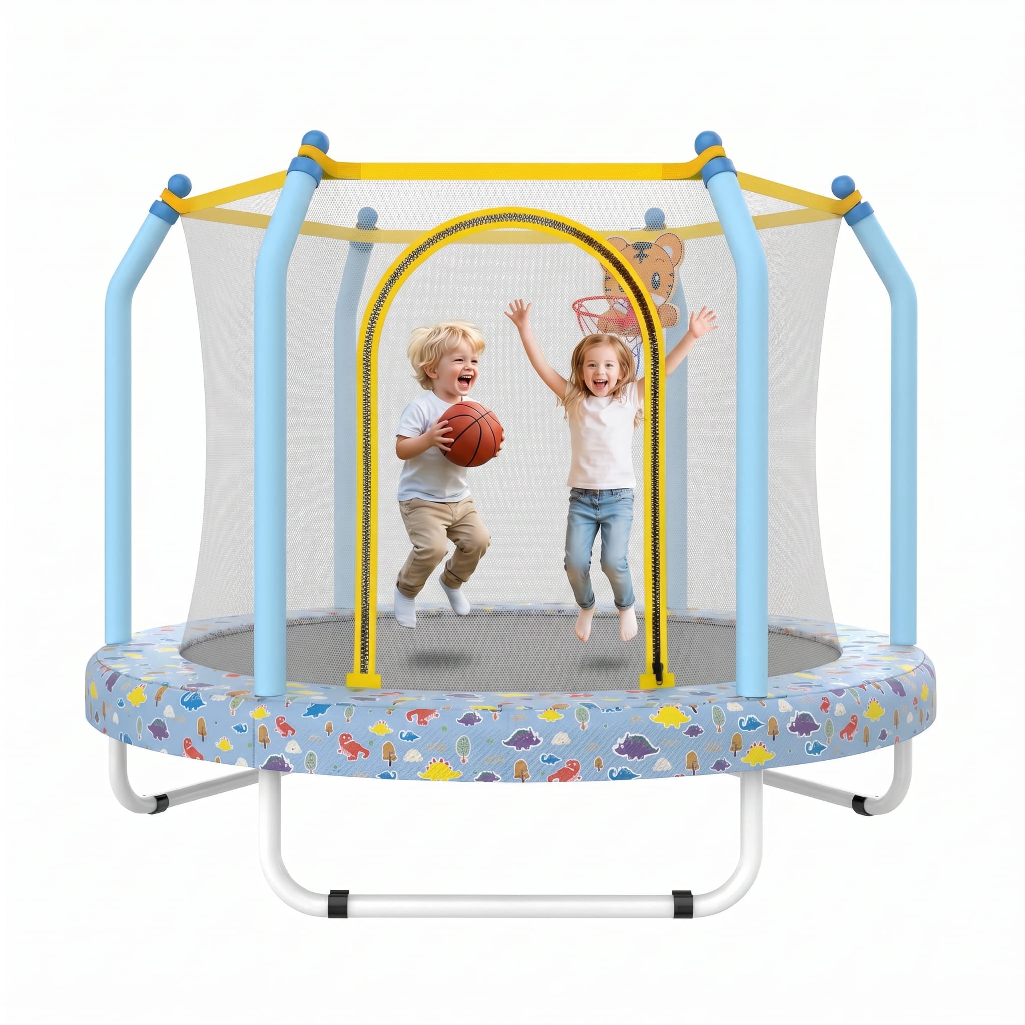 55 inch Round Kids Trampoline, Bouncing Trampoline with Safety Enclosure Net, Basketball Hoop, Capacity for Indoor & Outdoor Small Toddler Trampoline,Blue Forest