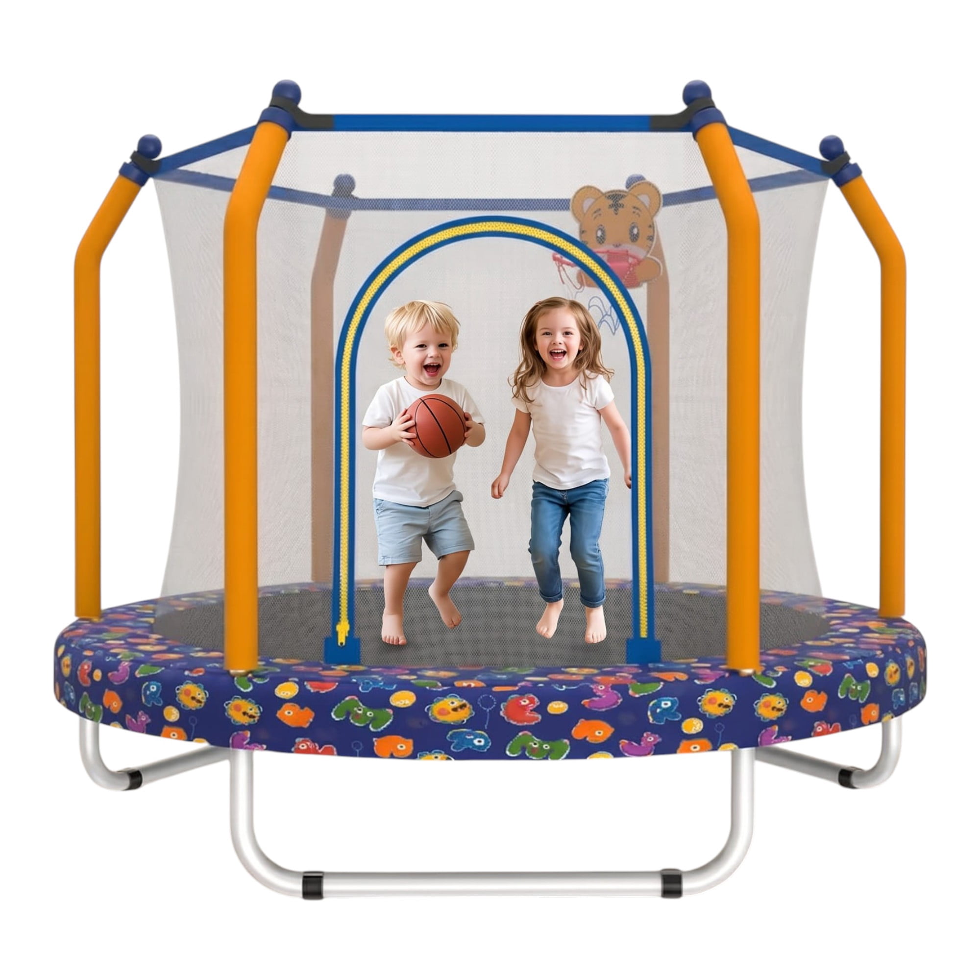 55 inch Round Kids Trampoline, Bouncing Trampoline with Safety Enclosure Net, Basketball Hoop, Capacity for Indoor & Outdoor Small Toddler Trampoline,Blue Marine