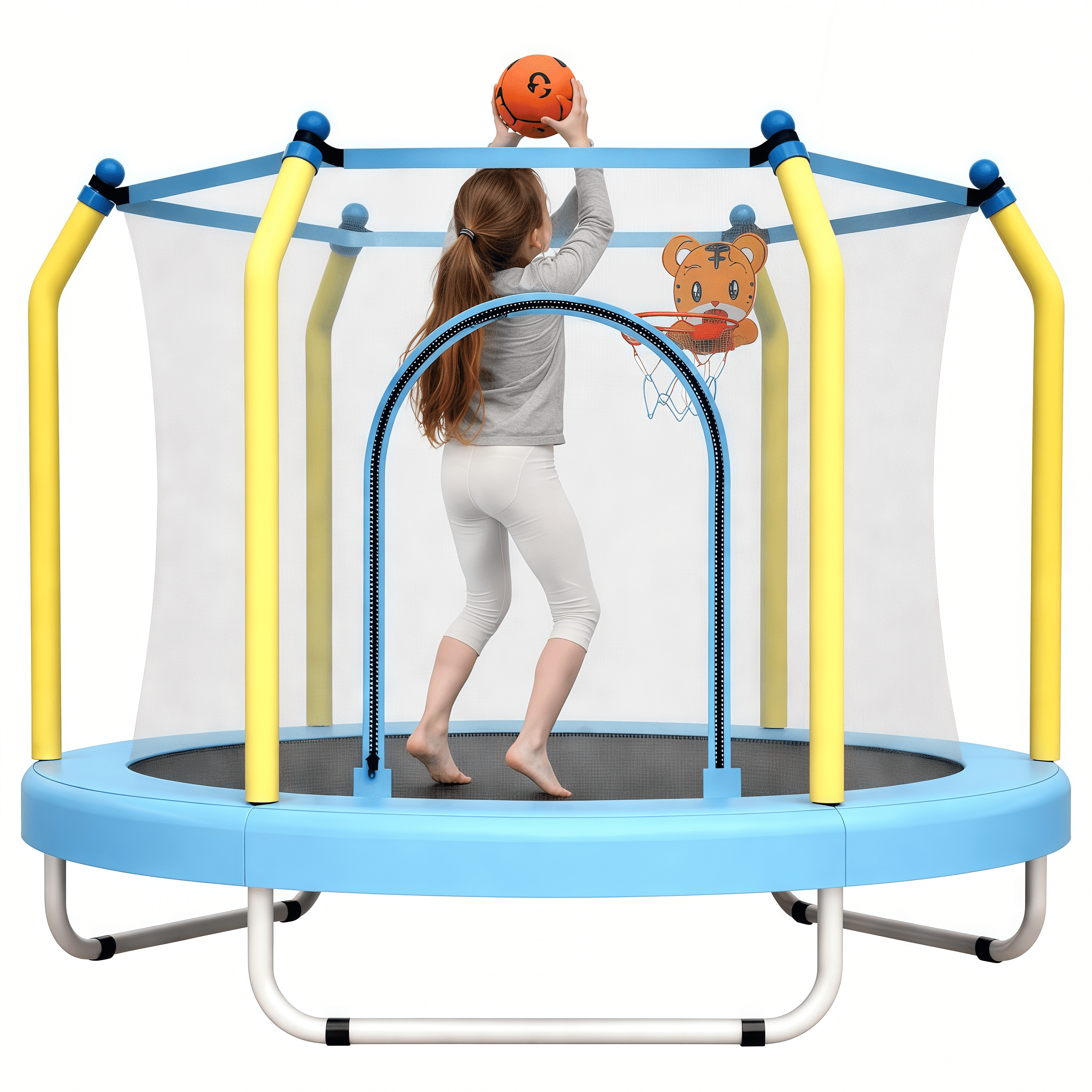 55 inch Round Kids Trampoline, Bouncing Trampoline with Safety Enclosure Net, Basketball Hoop, Capacity for Indoor & Outdoor Small Toddler Trampoline,Blue