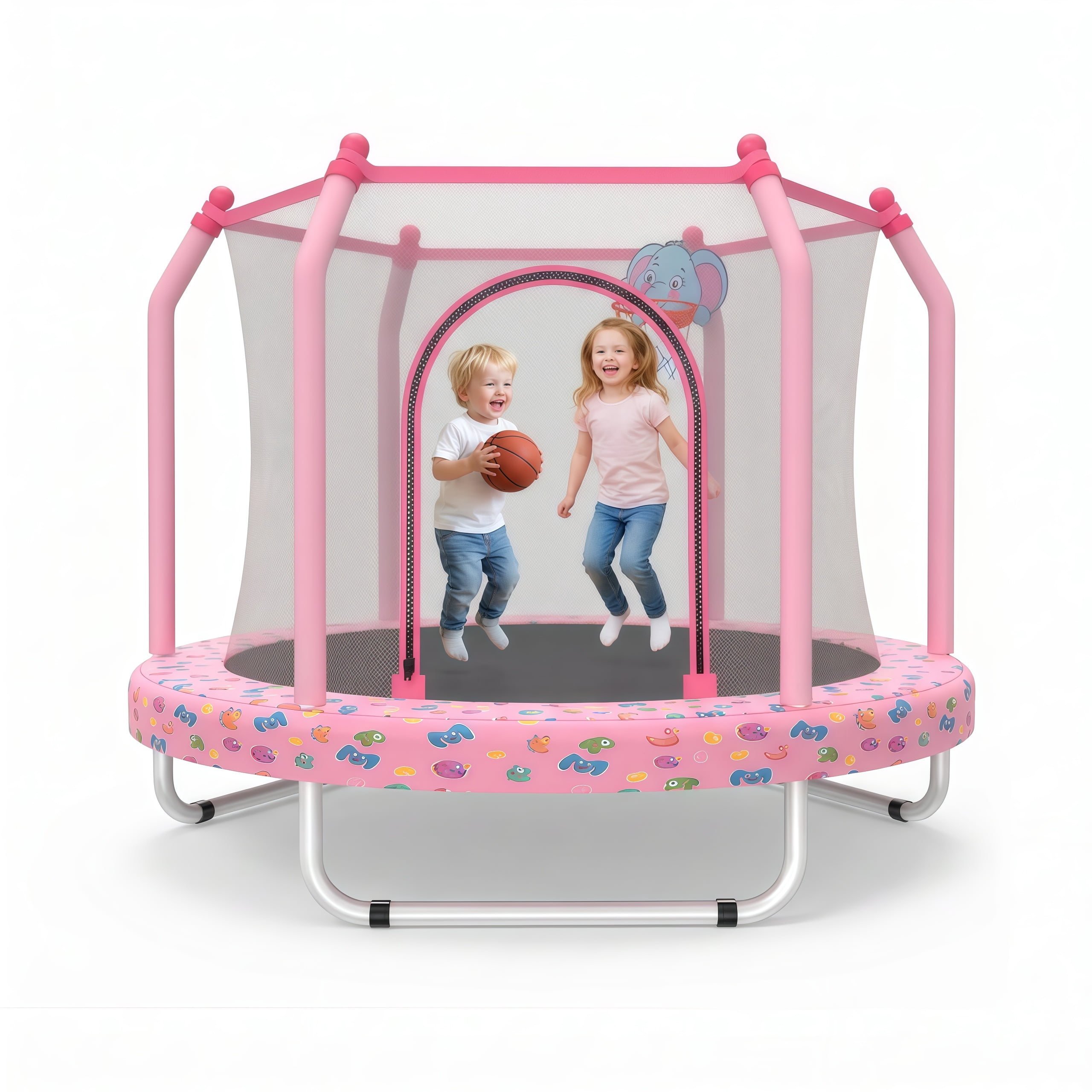 Dwelling Tales Bouncing Kids Trampoline Round with Safety Enclosure Net Basketball Hoop Indoor Outdoor Pink 55 Inch