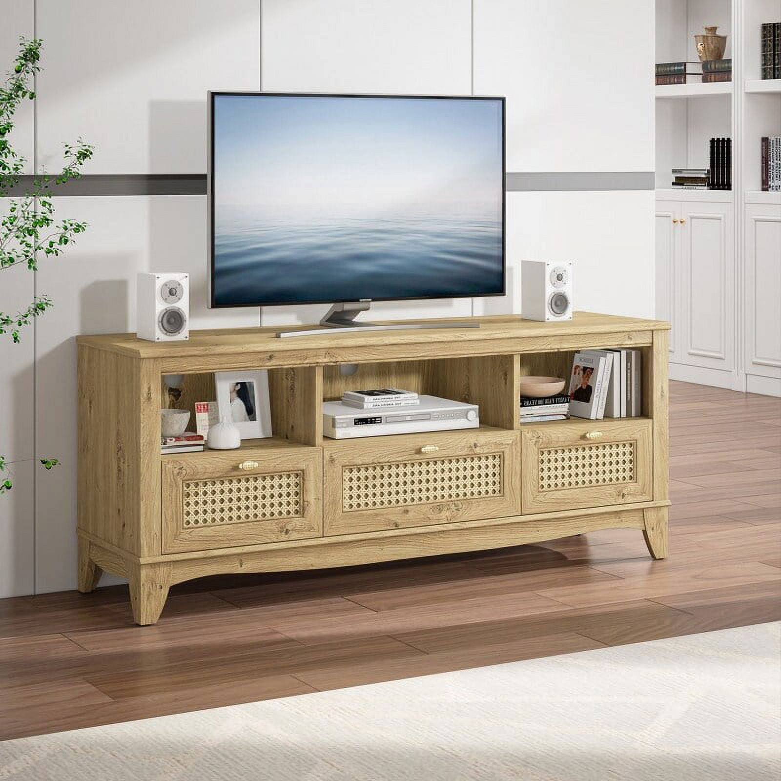 55inch Rustic Wood TV Stand with Wicker Door Design for TVs up to 65