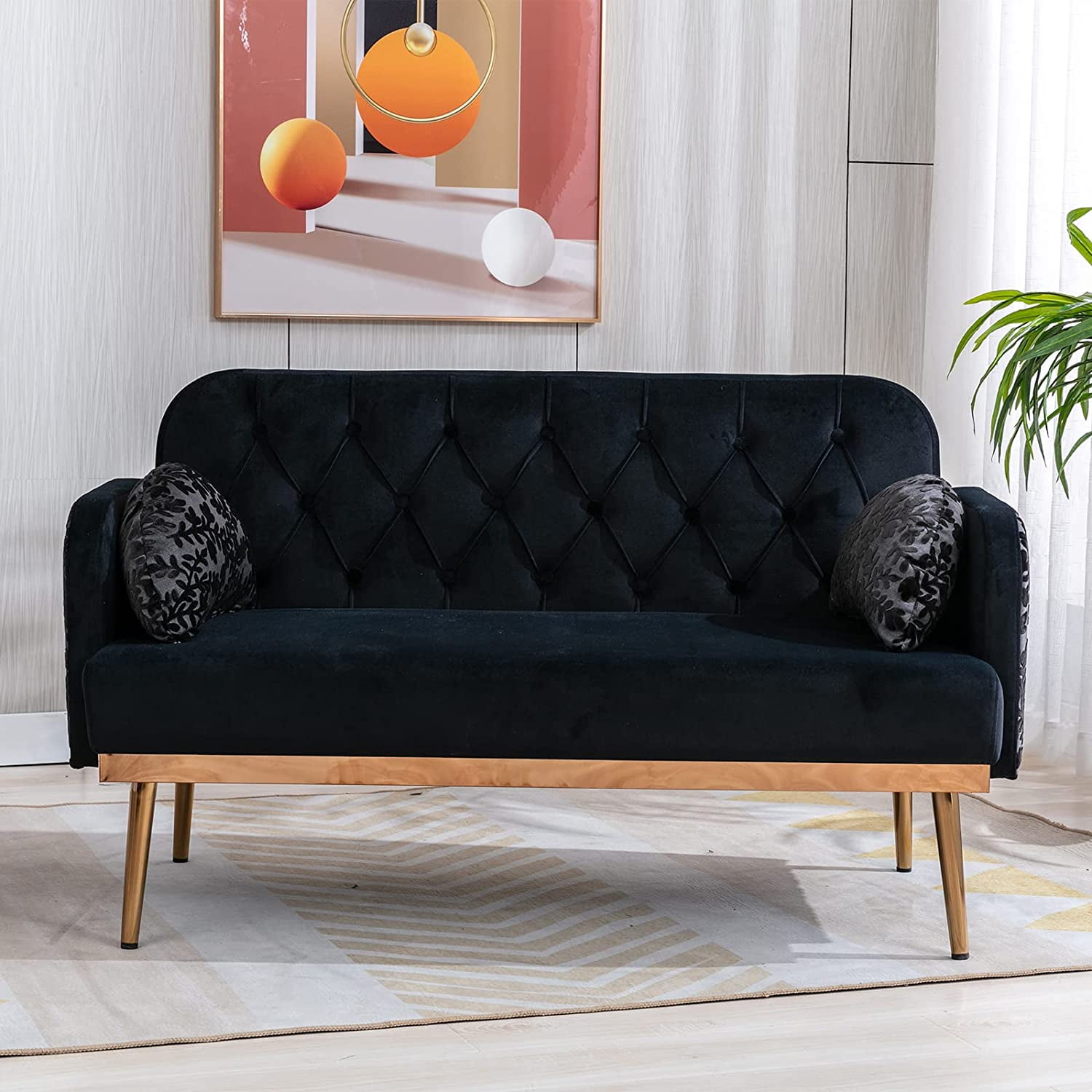 55 inch Small Velvet Couch with Elegant Moon Shape Pillows Twin