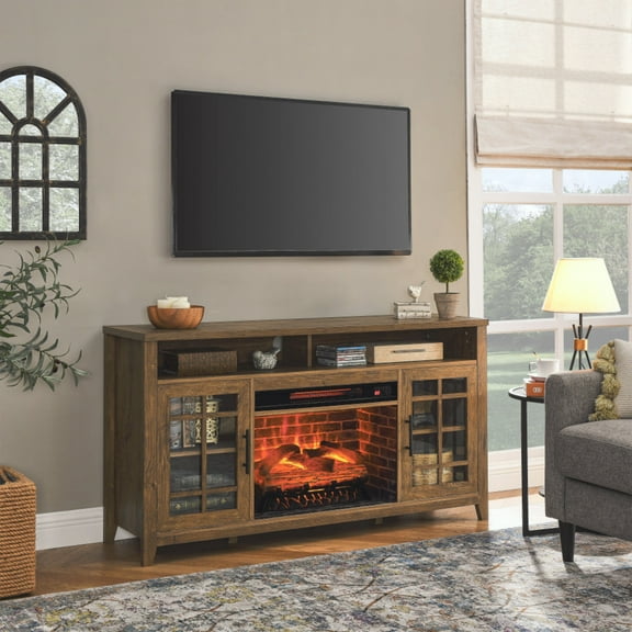 55 inch TV Media Stand with Electric Fireplace KD Inserts Heater,Reclaimed Barnwood Color