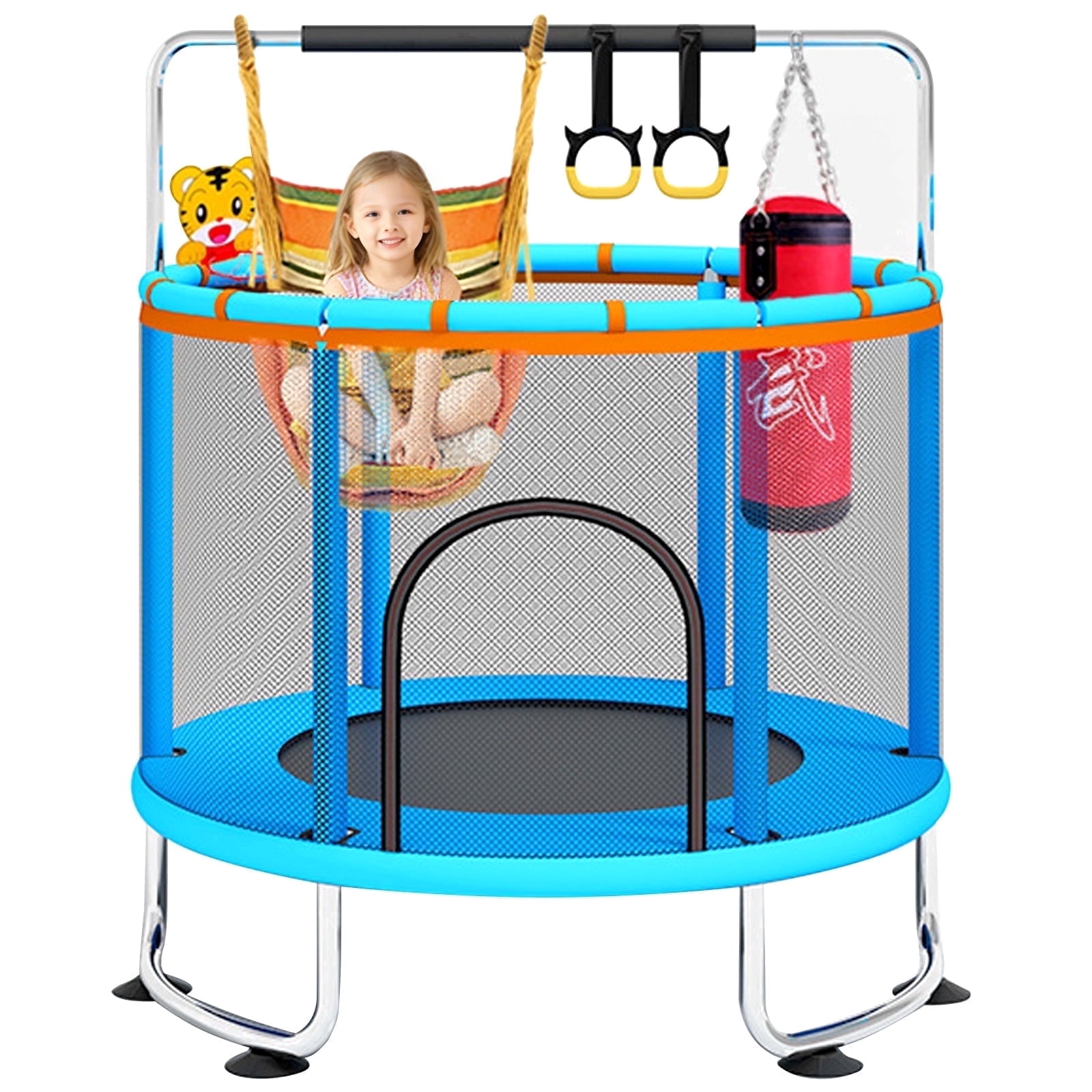 55" Kids Trampoline with Adjustable Gymnastics Bar , 600 LBS Capacity, Safety Enclosure Net & Fun Toys – For Indoor and Outdoor Play