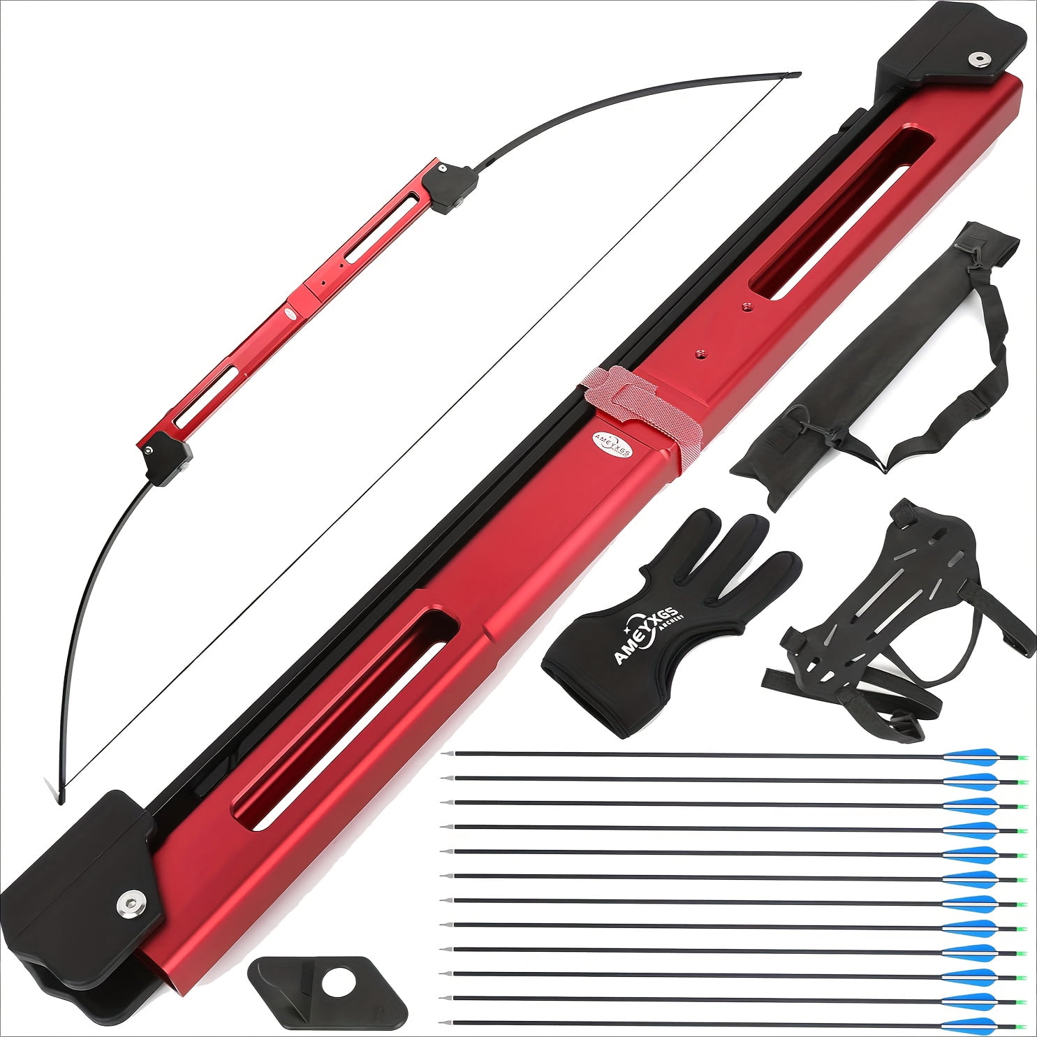 55-inch foldable bow and arrow set with 35-pound aluminum alloy riser, designed for both right- and left-handed archery practice.
