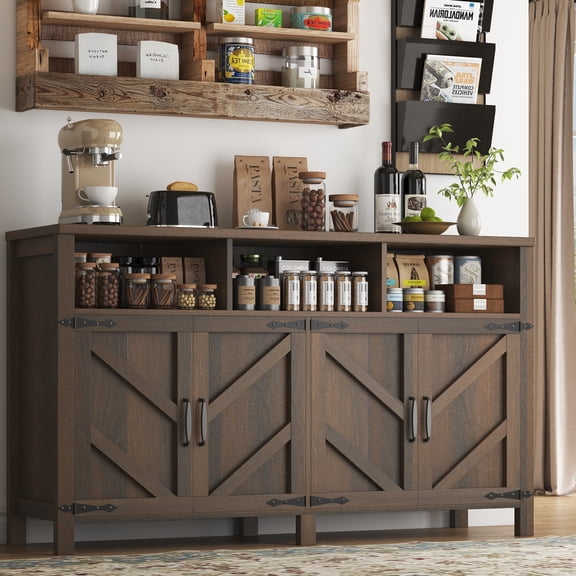 55 inches Large Farmhouse Buffet Sideboard with 4 Doors, Rustic Kitchen Storage Cabinet with Adjustable Shelves, Wooden Coffee Bar Cabinet for Dining Room, Entryway, TV Stand Buffet Table, Brown